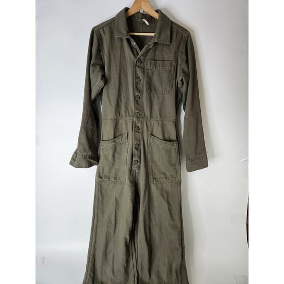 Free People Bloggers Gia Coverall Jumpsuit in Army Green Sz Small - Picture 3 of 10